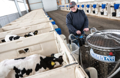 MilkTaxi dispensing milk in a PenSystem calf barn